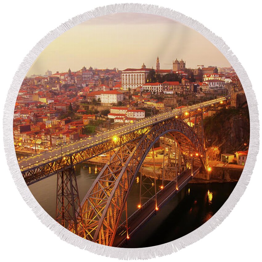 Sunset Round Beach Towel featuring the photograph old Porto at Pink Sunset, Portugal by Anastasy Yarmolovich