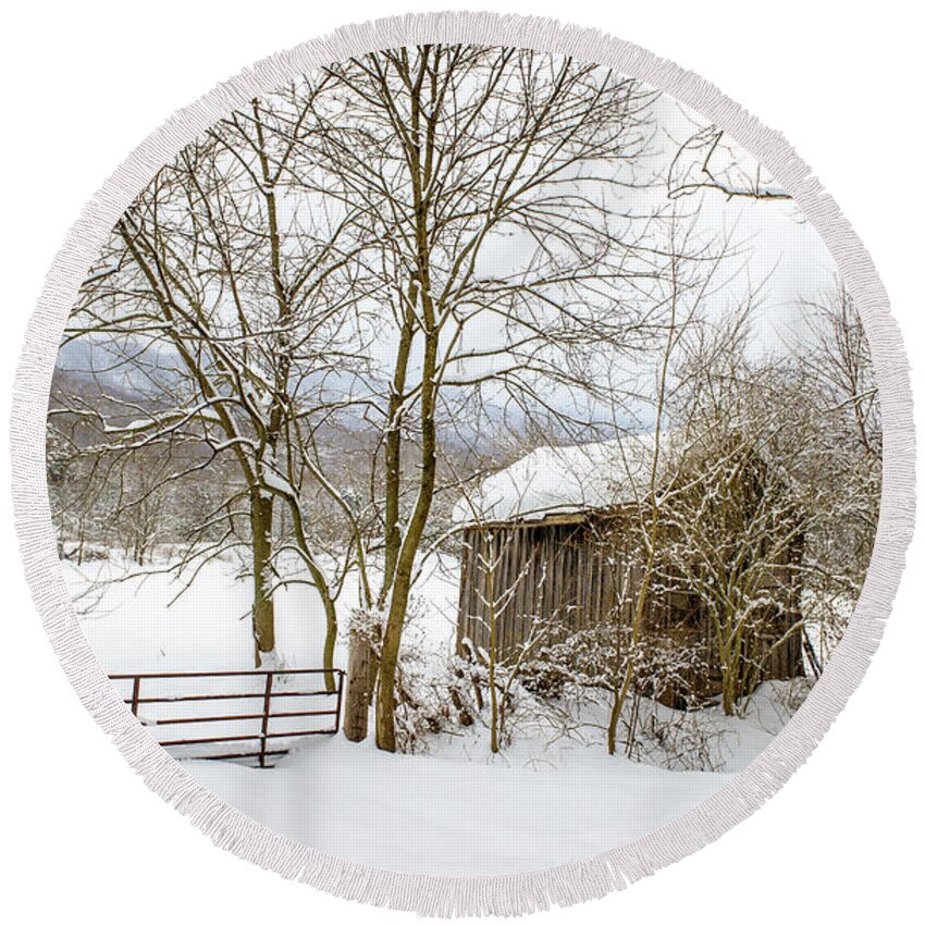 Landscape Round Beach Towel featuring the photograph Old Post Office in Snow by Joe Shrader