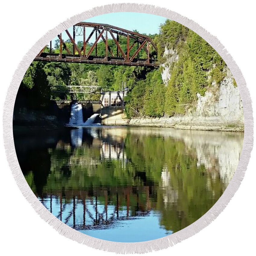 United States Round Beach Towel featuring the photograph Old Railway Bridge Over The Winooski River by Joseph Hendrix