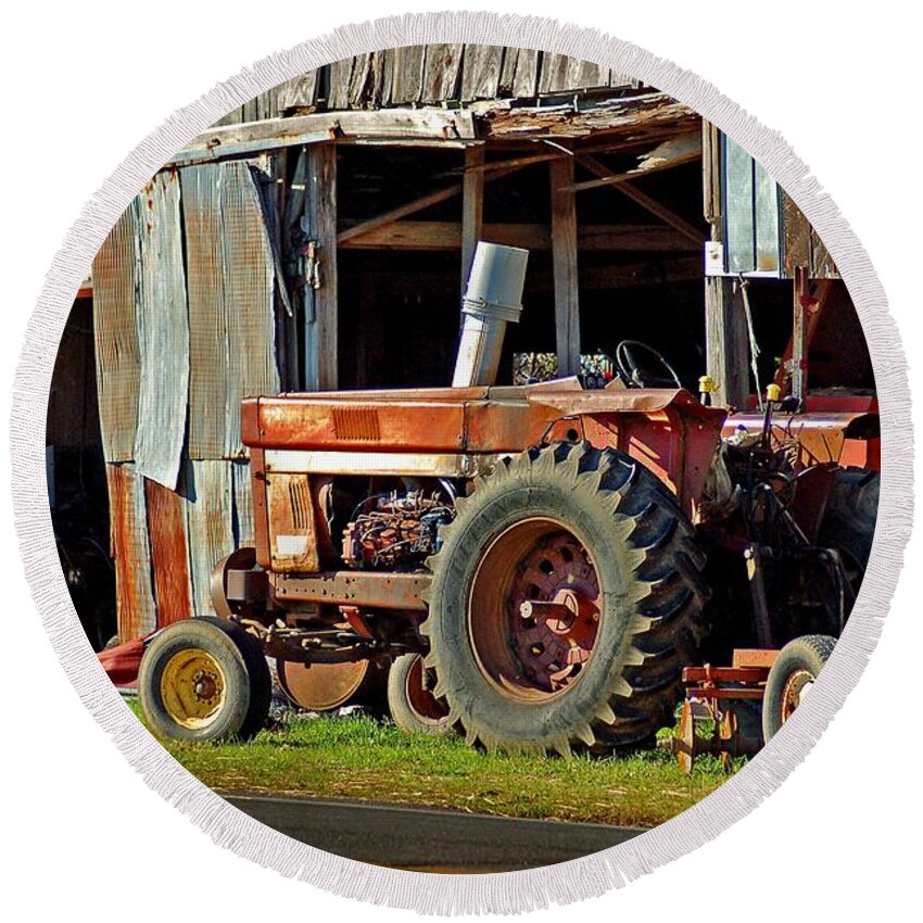 Tractors Round Beach Towel featuring the painting Old Red Tractor and the Barn by Michael Thomas