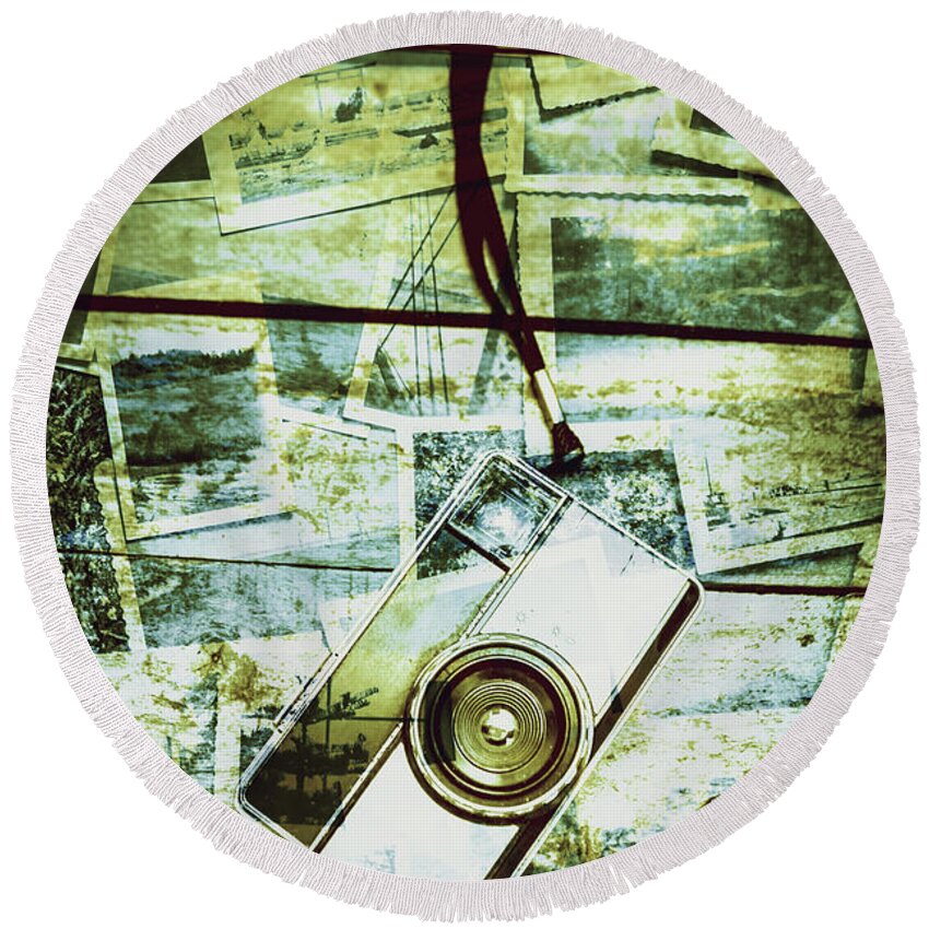 Photo Round Beach Towel featuring the photograph Old retro film camera in creative composition by Jorgo Photography