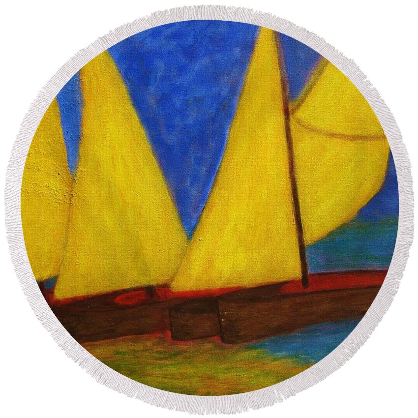 Acrylic Painting Round Beach Towel featuring the painting Old Sailboats by John Scates