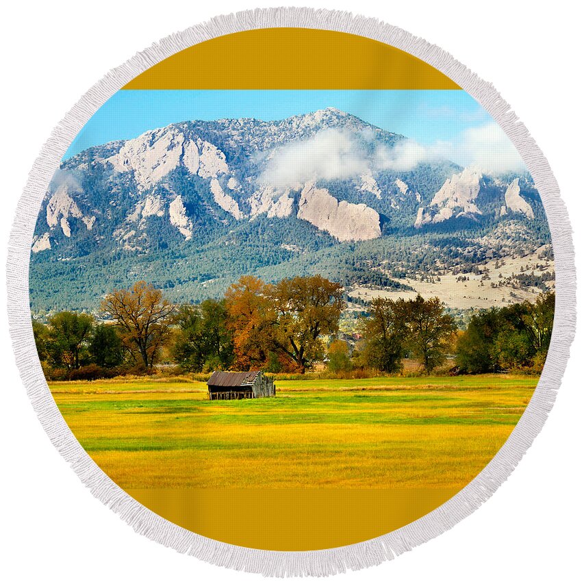 Rural Round Beach Towel featuring the photograph old shed against Flatirons by Marilyn Hunt