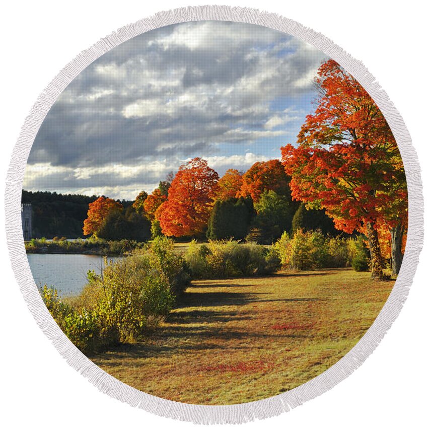 Autumn Round Beach Towel featuring the photograph Old Stone Church Autumn Glow by Luke Moore