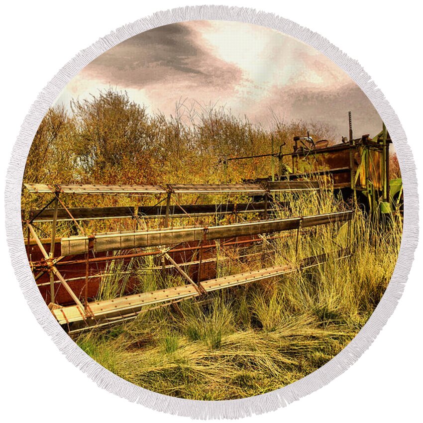 Swather Round Beach Towel featuring the photograph Old Swather in the weeds by Jeff Swan