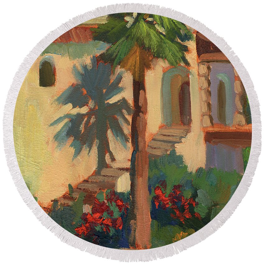 Old Town La Quinta Palm Tree Round Beach Towel featuring the painting Old Town La Quinta Palm by Diane McClary