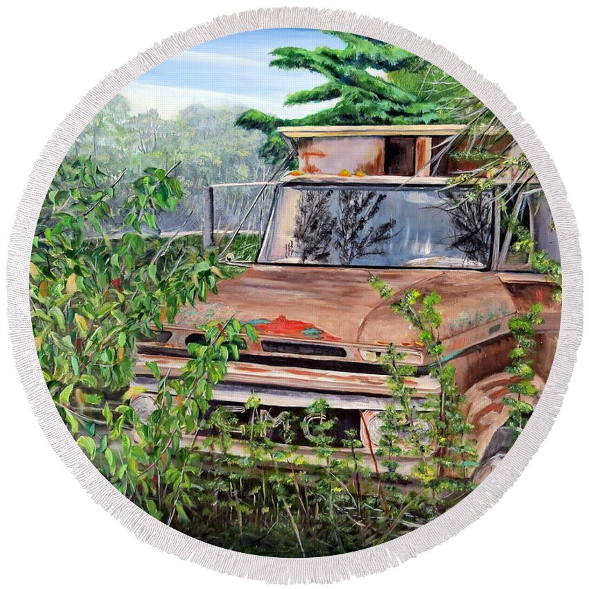 Old Truck Round Beach Towel featuring the painting Old truck rusting by Marilyn McNish
