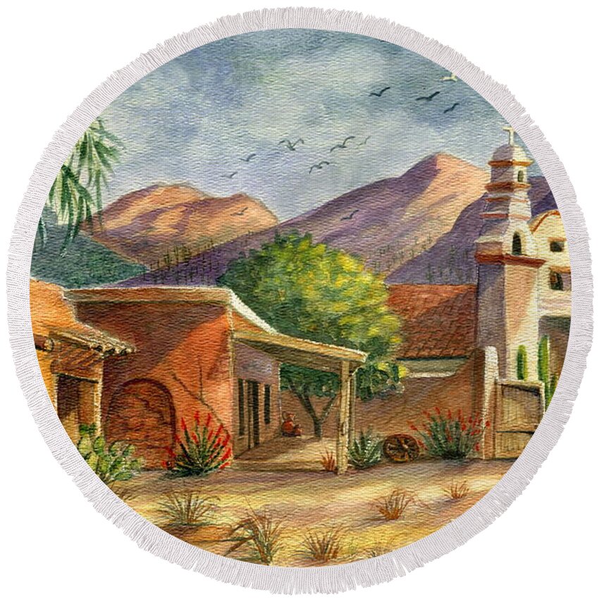 Old Tucson Movie Studios Round Beach Towel featuring the painting Old Tucson by Marilyn Smith