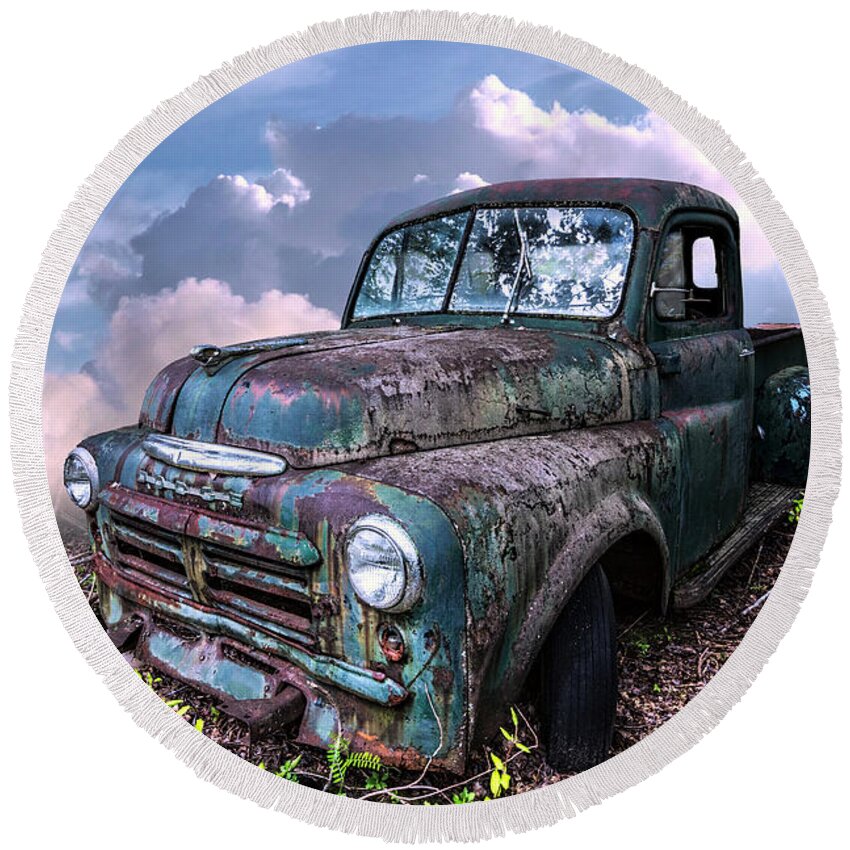 1940s Round Beach Towel featuring the photograph Old Vintage Dodge Truck in Soft Summer Sunset Tones by Debra and Dave Vanderlaan