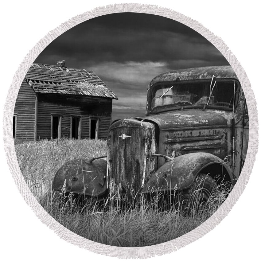 Landscape Round Beach Towel featuring the photograph Old Vintage Pickup in Black and White by an Abandoned Farm House by Randall Nyhof