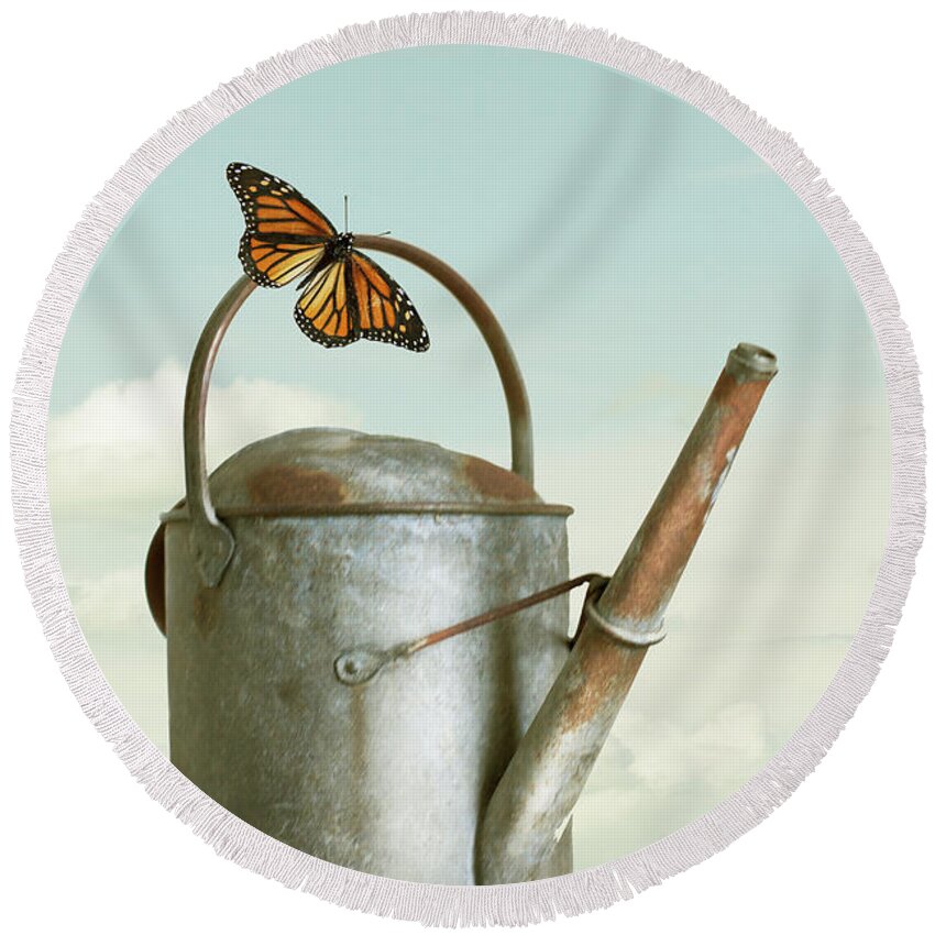 Watering Can Round Beach Towel featuring the photograph Old Watering Can With Butterfly by Ethiriel Photography