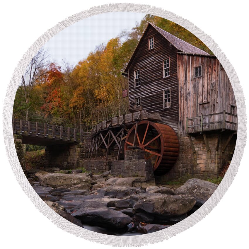 Babcock State Park Round Beach Towel featuring the photograph Glade Creek Mill Autumn Splendor by Norma Brandsberg