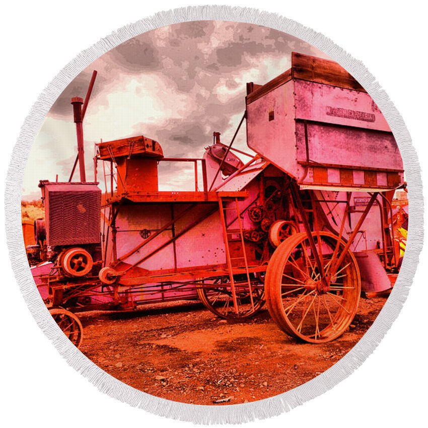Harvestor Round Beach Towel featuring the photograph Old wheat harvestor by Jeff Swan