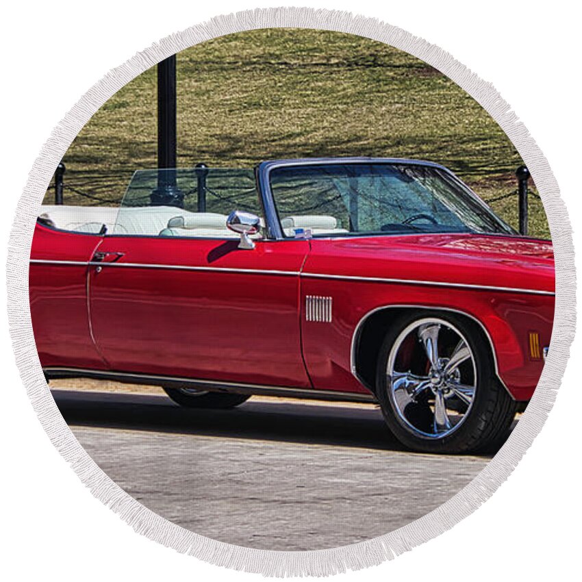 Oldsmobile Round Beach Towel featuring the photograph Oldsmobile Delta Royale 88 Red Convertible by Steven Ralser