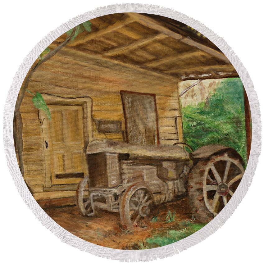 Old Time Tractor Shed Round Beach Towel featuring the painting Oldtime tractor by Kathy Knopp