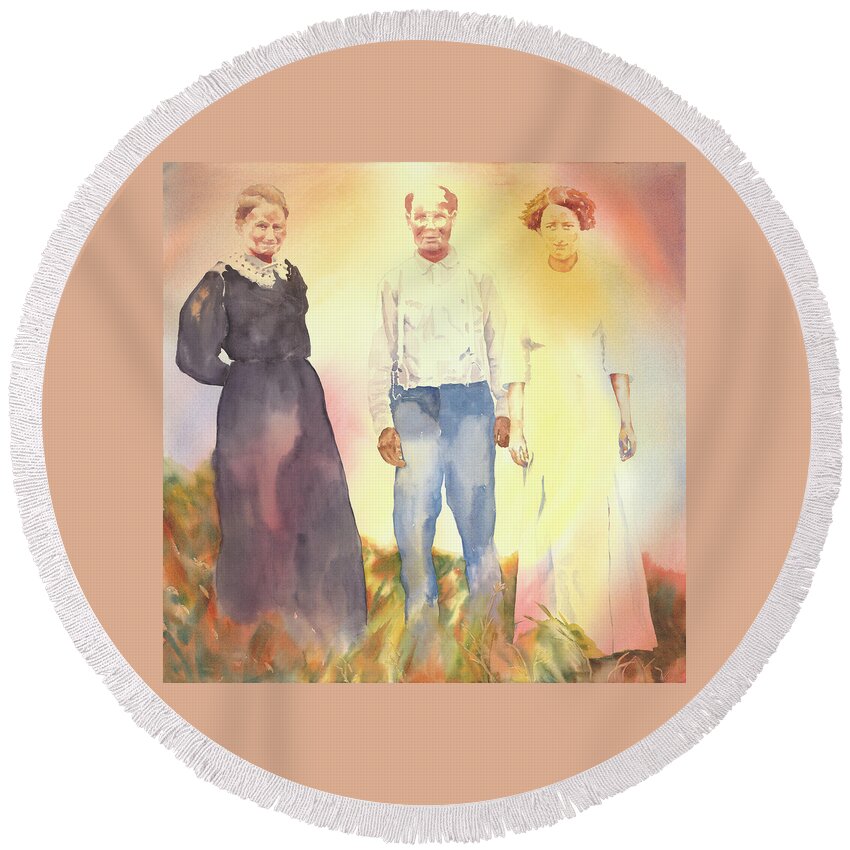 Grandparents Round Beach Towel featuring the painting Olive, John and Anna by Tara Moorman