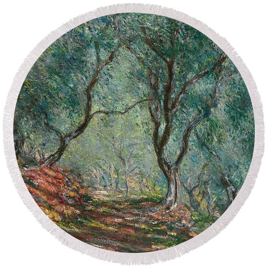 Bordighera; Italian; Landscape; Olive Grove; Path; Impressionist; French Round Beach Towel featuring the painting Olive Trees in the Moreno Garden by Claude Monet