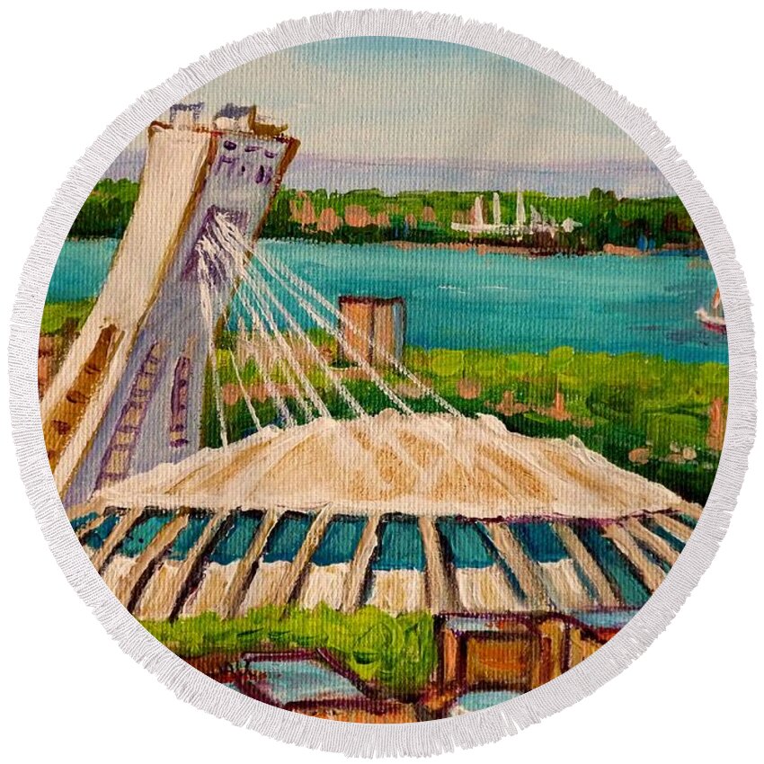 The Olympic Stadium Round Beach Towel featuring the painting Olympic Stadium Montreal by Carole Spandau