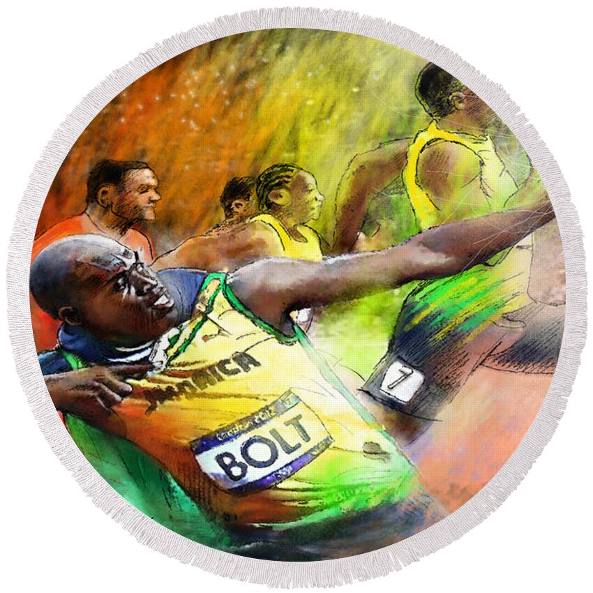 Sports Round Beach Towel featuring the painting Olympics 100 m Gold Medal Usain Bolt by Miki De Goodaboom