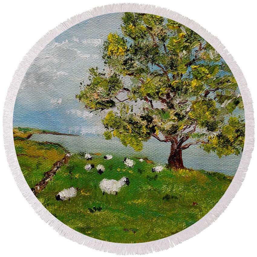 Ireland Round Beach Towel featuring the painting O'Malley's Sheep by Judith Rhue