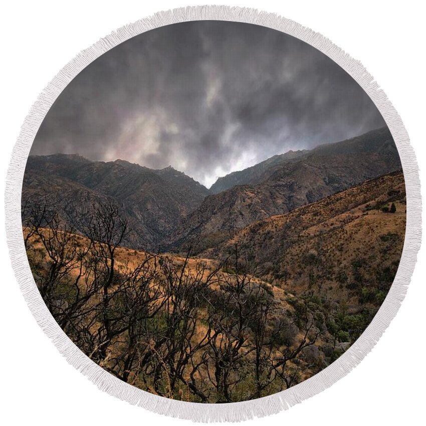 Yosemite National Park Round Beach Towel featuring the photograph Ominous Skies by Scott Fracasso