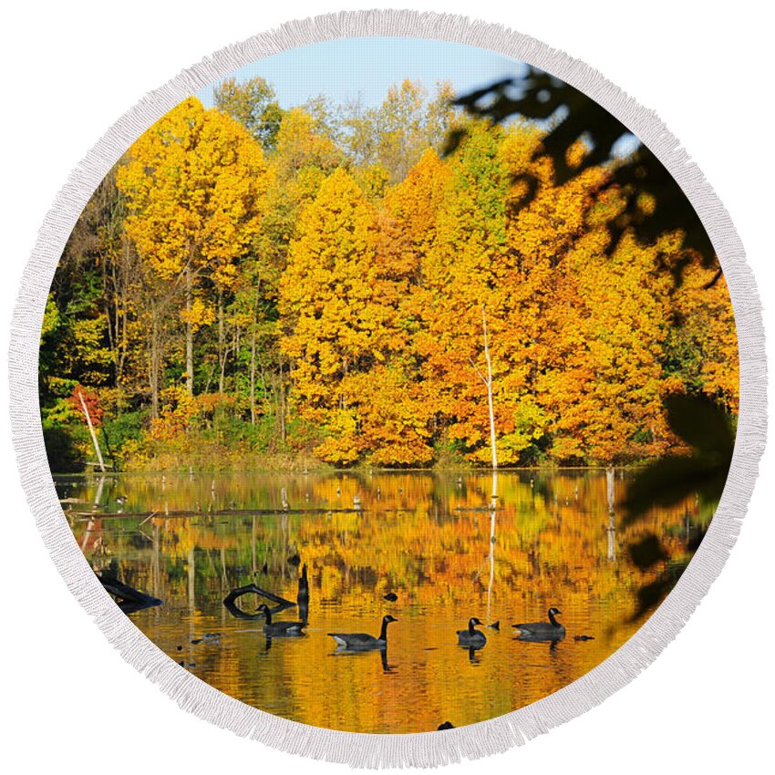 Geese Round Beach Towel featuring the photograph On Golden Pond 2 by David Arment