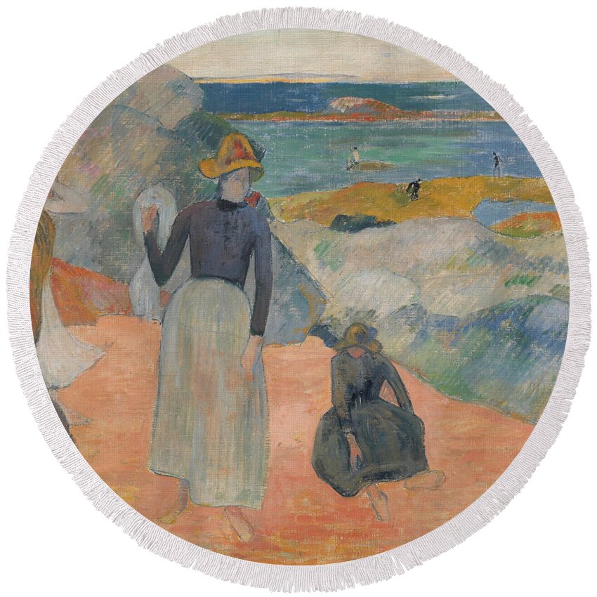French Art Round Beach Towel featuring the painting On the Beach in Brittany by Paul Gauguin