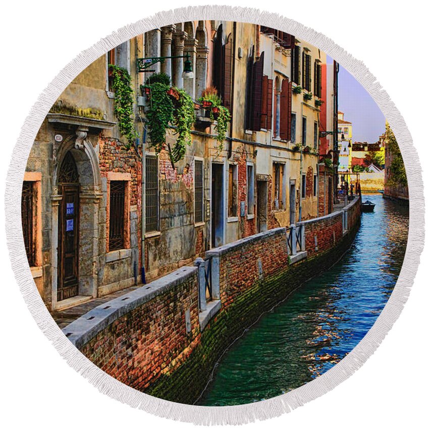 Water Reflection Photo Round Beach Towel featuring the photograph On the Canal-Venice by Tom Prendergast
