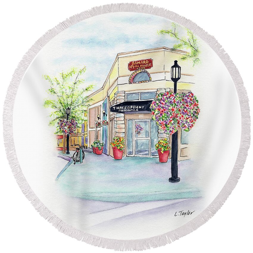Small Town Round Beach Towel featuring the mixed media On the Corner by Lori Taylor