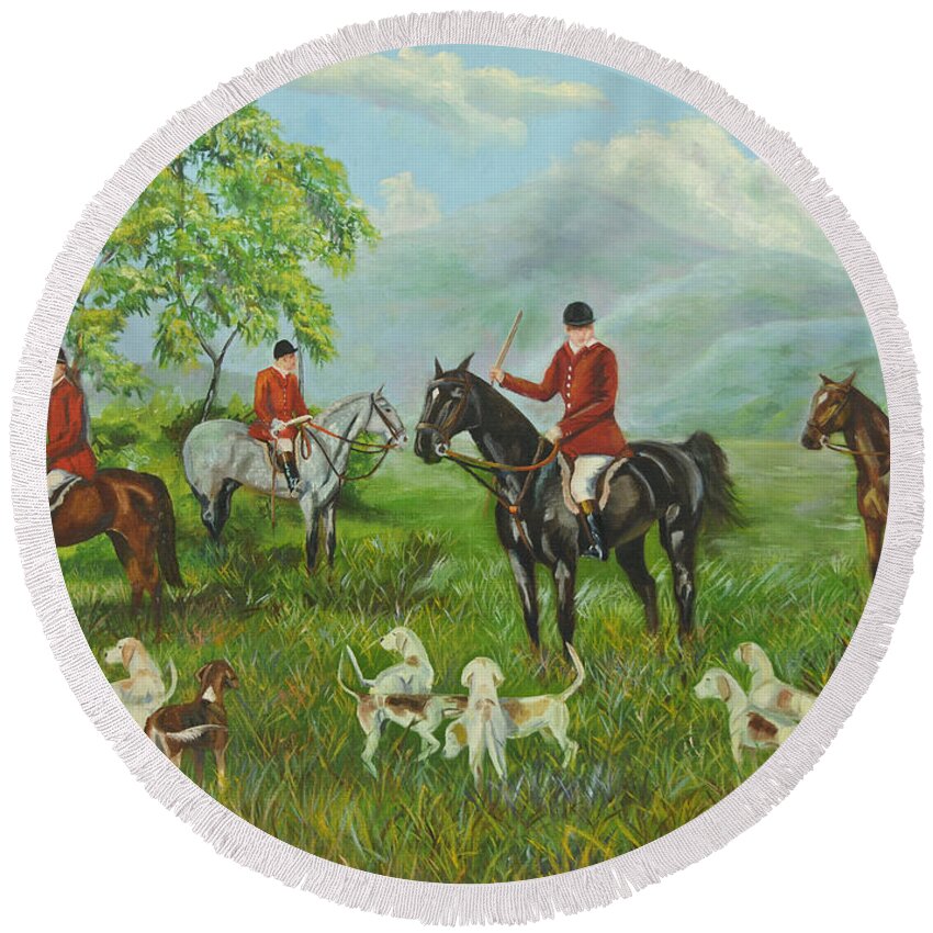 Fox Hunt Round Beach Towel featuring the painting On The Hunt by Charlotte Blanchard