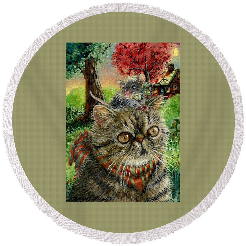 Cat Round Beach Towel featuring the painting On The Hunt For Fun Stuff by Jacquelin L Westerman