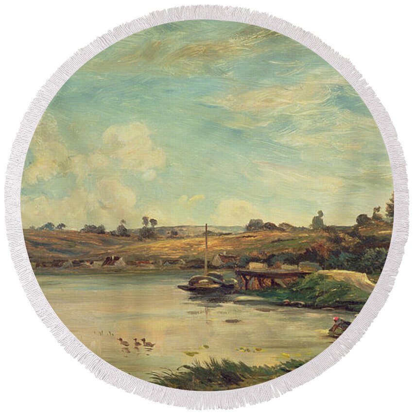 The Round Beach Towel featuring the painting On the Loire by Charles Francois Daubigny