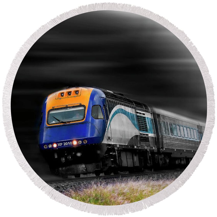 Trains Australia Round Beach Towel featuring the digital art On the move 01 by Kevin Chippindall