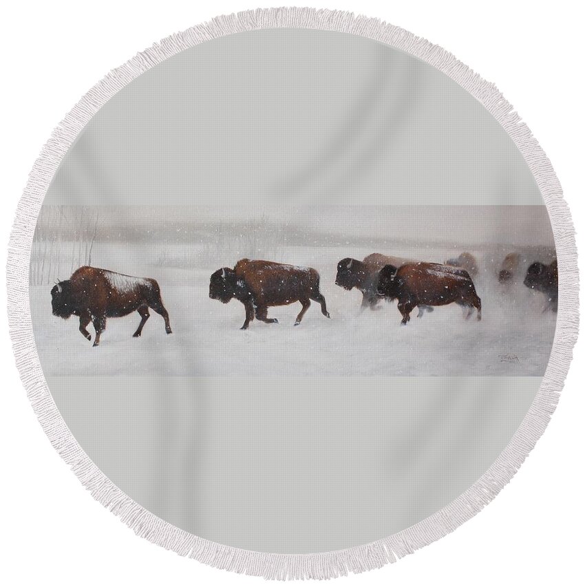 Buffalo Round Beach Towel featuring the painting On The Move by Tammy Taylor
