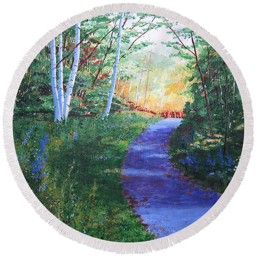 Pathway Round Beach Towel featuring the painting On The Path by Lynn Quinn