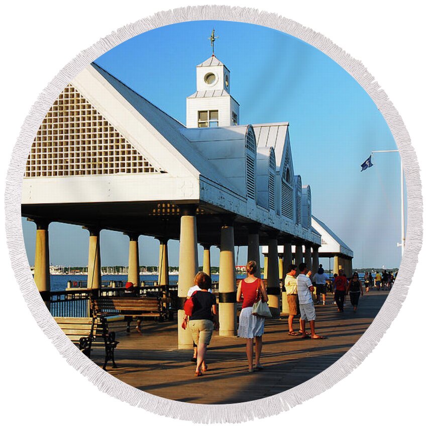 Charleston Round Beach Towel featuring the photograph On the Pier by James Kirkikis