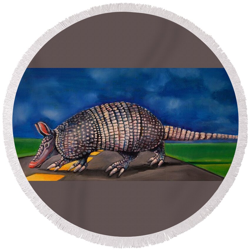 Armadillo Round Beach Towel featuring the painting On The Road Again by Jean Cormier
