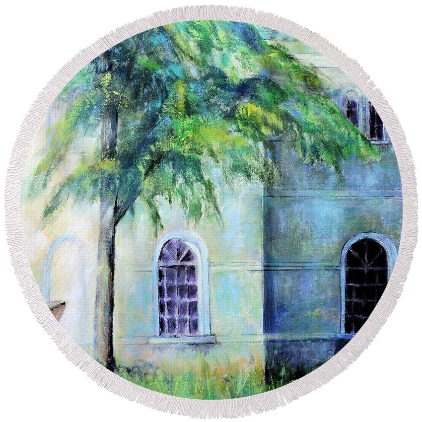 Old Building Round Beach Towel featuring the painting on the road to Venice by Jodie Marie Anne Richardson Traugott     aka jm-ART