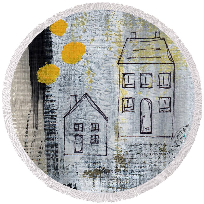 Abstract Round Beach Towel featuring the painting On The Same Street by Linda Woods