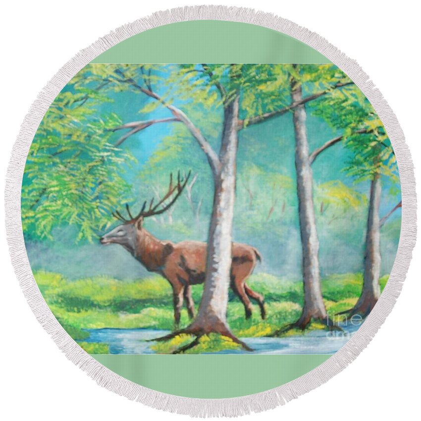 Deer Round Beach Towel featuring the painting On the wild by Jean Pierre Bergoeing