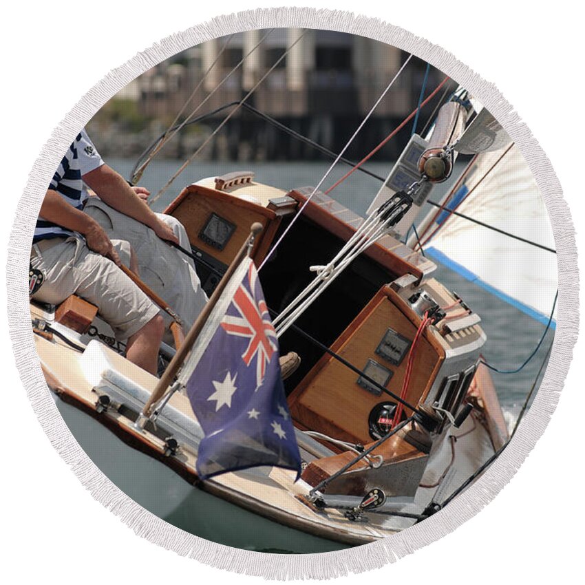 Sailing. Classic Sailboat Wooden Boat Round Beach Towel featuring the photograph One fine day by David Shuler