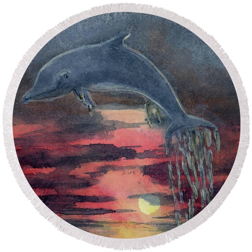Dolphin Round Beach Towel featuring the painting One Last Jump by Randy Sprout