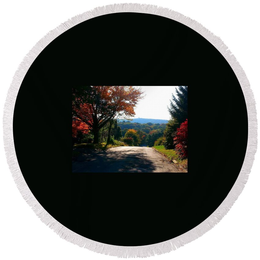 Autumn Round Beach Towel featuring the photograph One Mountaintop to Another by Dani McEvoy