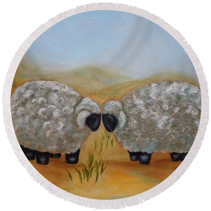 Sheep Round Beach Towel featuring the painting One Sheep Two Sheep by Kathy Lynn Goldbach