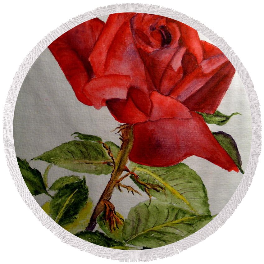Roses Round Beach Towel featuring the painting One Single Red Rose by Carol Grimes