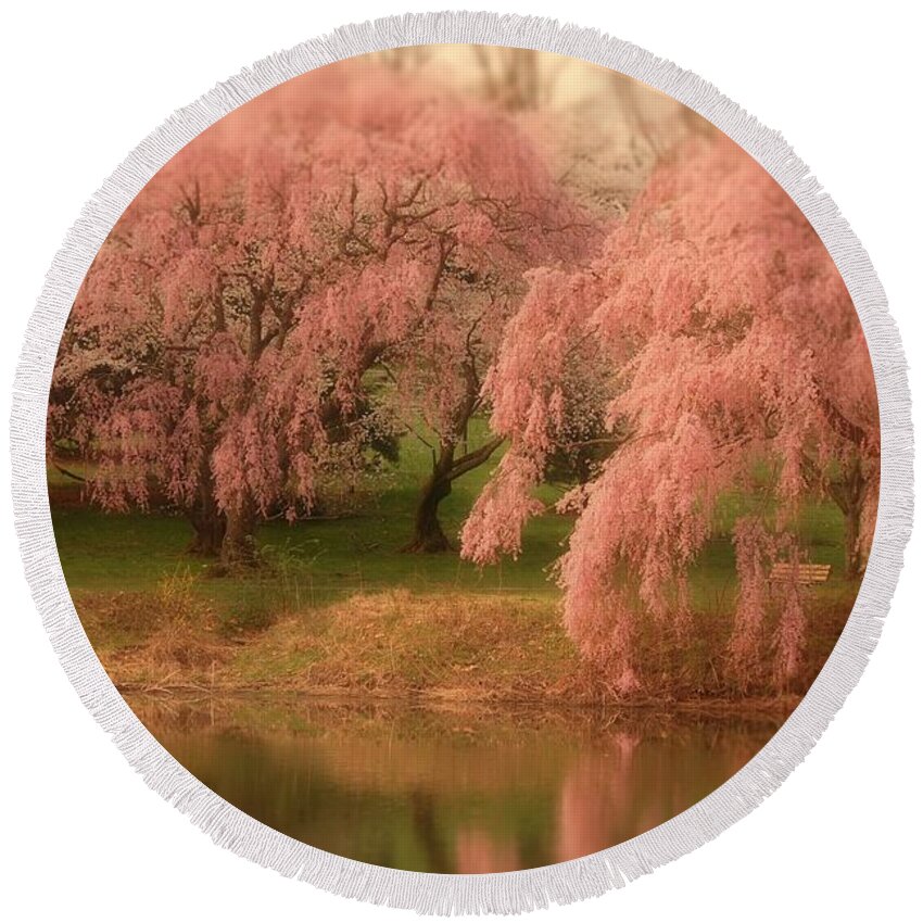 Cherry Blossom Trees Round Beach Towel featuring the photograph One Spring Day - Holmdel Park by Angie Tirado