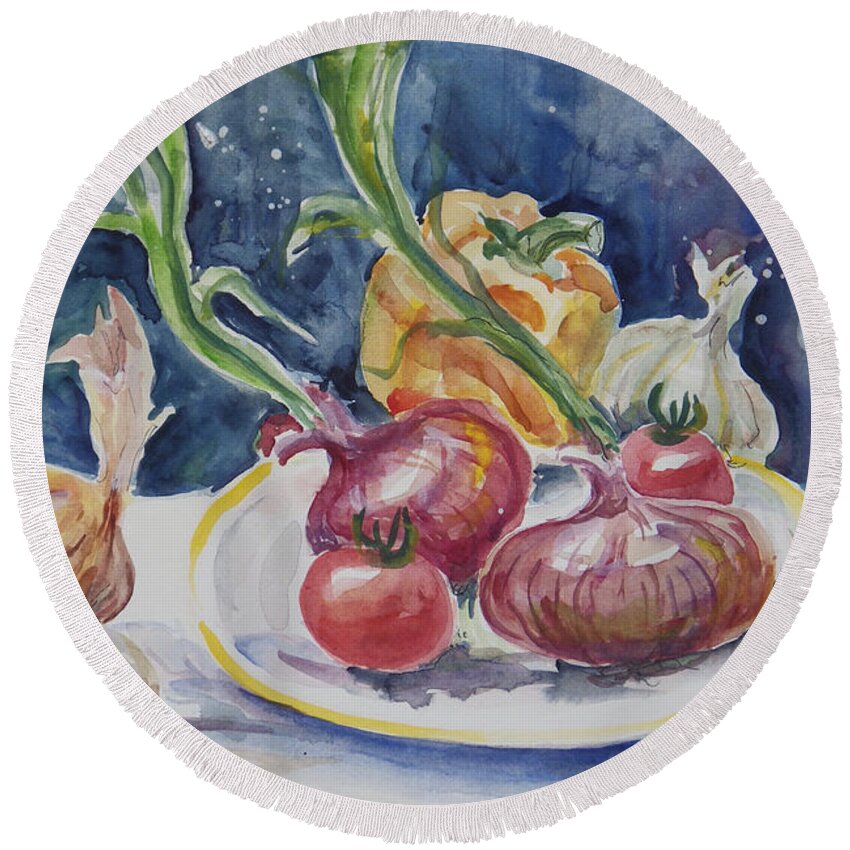 Vegetable Round Beach Towel featuring the painting Onions by Ingrid Dohm