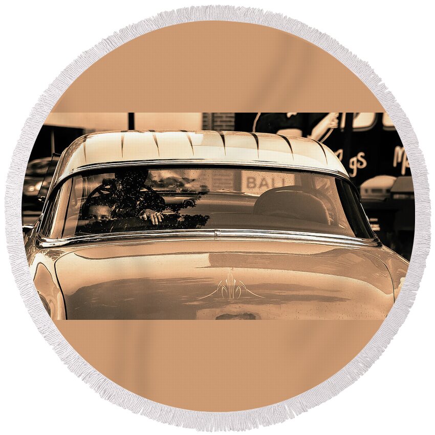 Belair- Of Cars-classic Cars- Boy In Back Window- Muscle Car Art- Images For Car Lovers- Photography Of Are Ann M. Garrett - Chevy- Round Beach Towel featuring the photograph Only You   version 2 by Rae Ann M Garrett