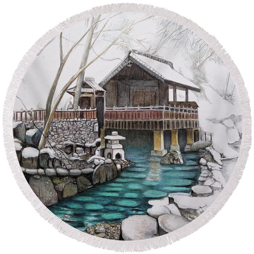 Japan Round Beach Towel featuring the drawing Onsen by Tim Ernst