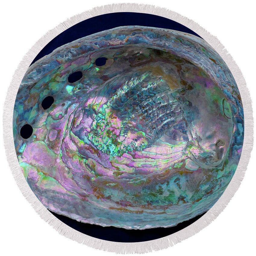 Abalone Round Beach Towel featuring the photograph Opalescent Abalone Seashell on Blue Velvet by Kathy Anselmo